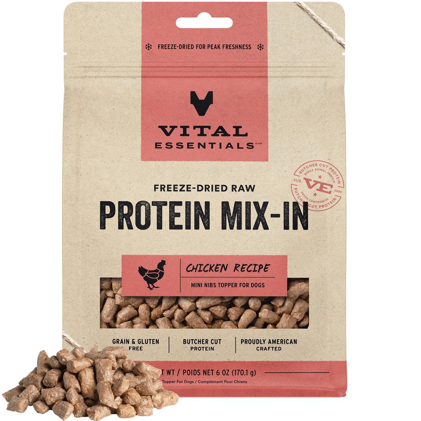 package front vital essentials®_freeze-dried raw protein mix-in_chicken_recipe_mini nibs_topper for dogs