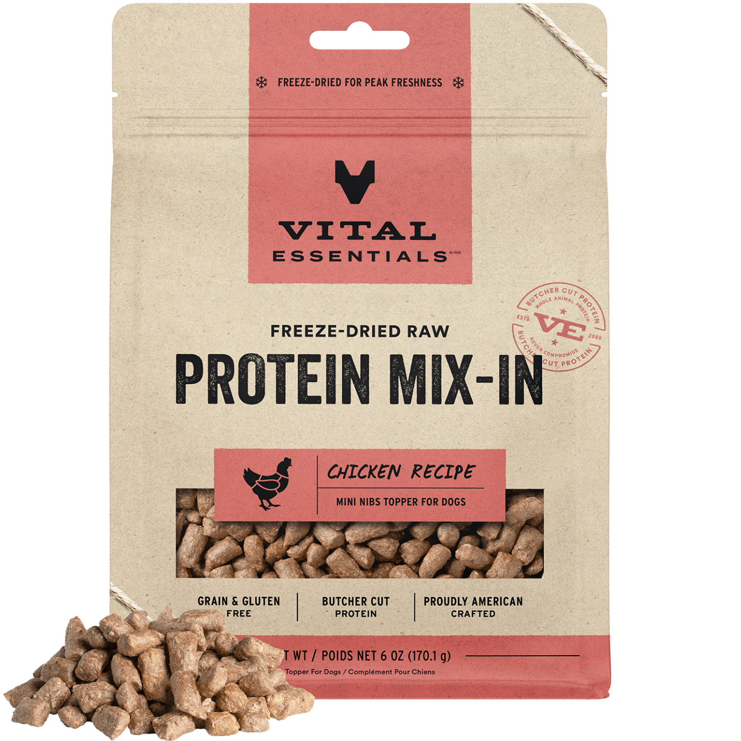 package front vital essentials®_freeze-dried raw protein mix-in_chicken_recipe_mini nibs_topper for dogs