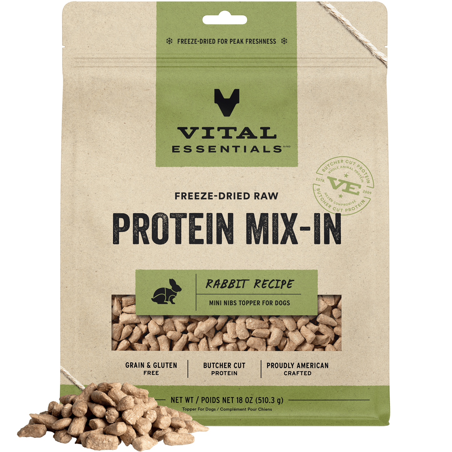 package front vital essentials®_freeze-dried raw protein mix-in_rabbit_recipe_mini nibs_topper for dogs