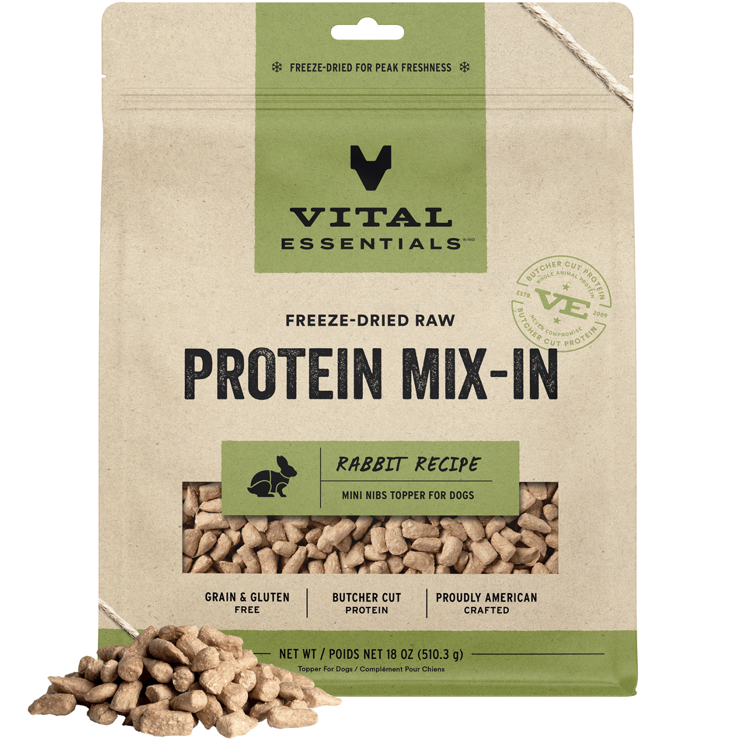 package front vital essentials®_freeze-dried raw protein mix-in_rabbit_recipe_mini nibs_topper for dogs