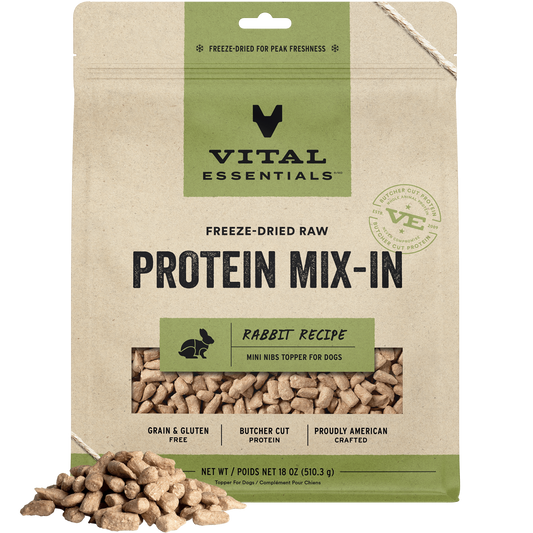 package front vital essentials®_freeze-dried raw protein mix-in_rabbit_recipe_mini nibs_topper for dogs