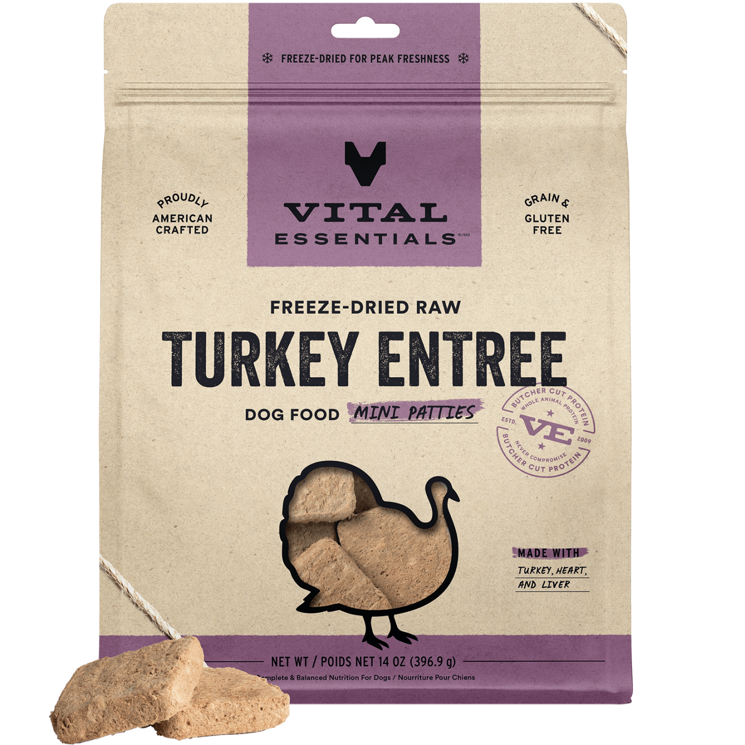package front vital essentials®_freeze-dried raw_turkey_entree_mini patties_dog food
