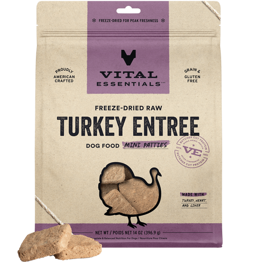 package front vital essentials®_freeze-dried raw_turkey_entree_mini patties_dog food