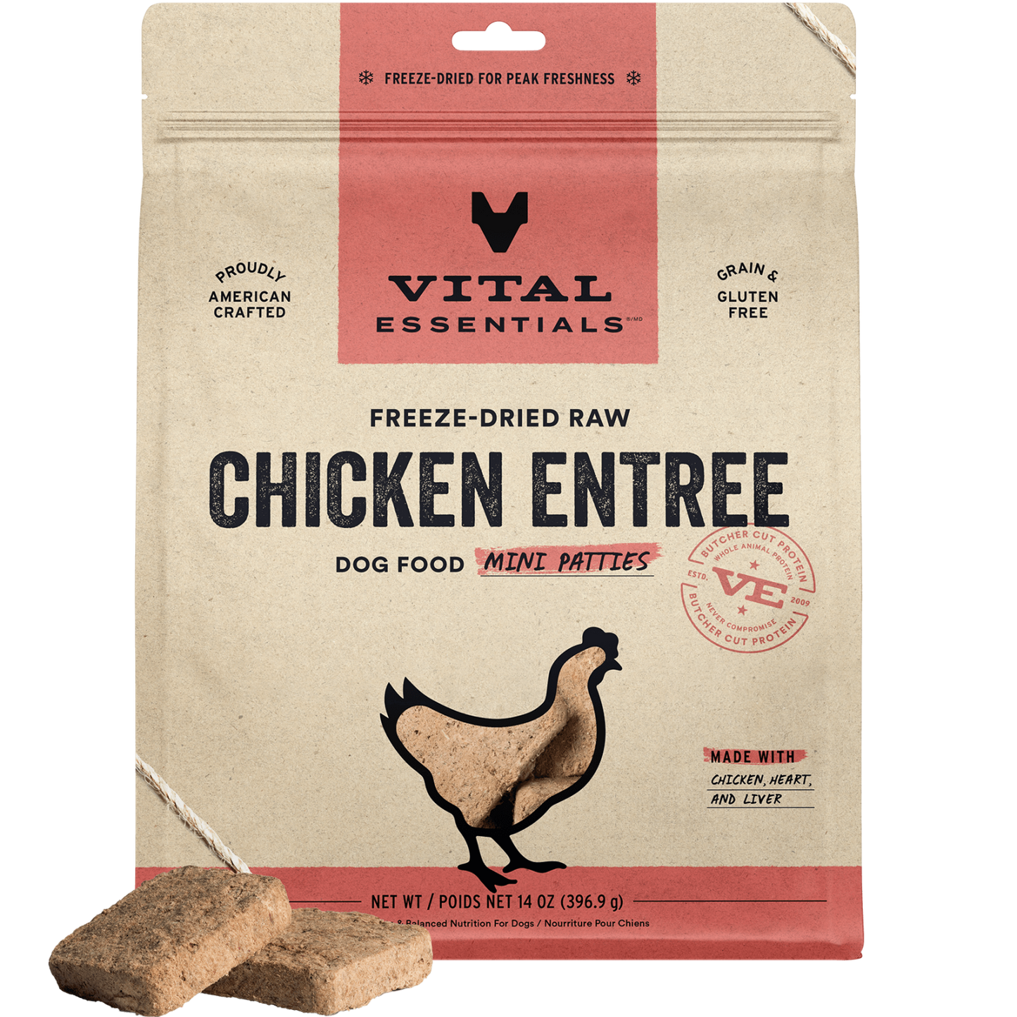 package front vital essentials®_freeze-dried raw_chicken_entree_mini patties_dog food