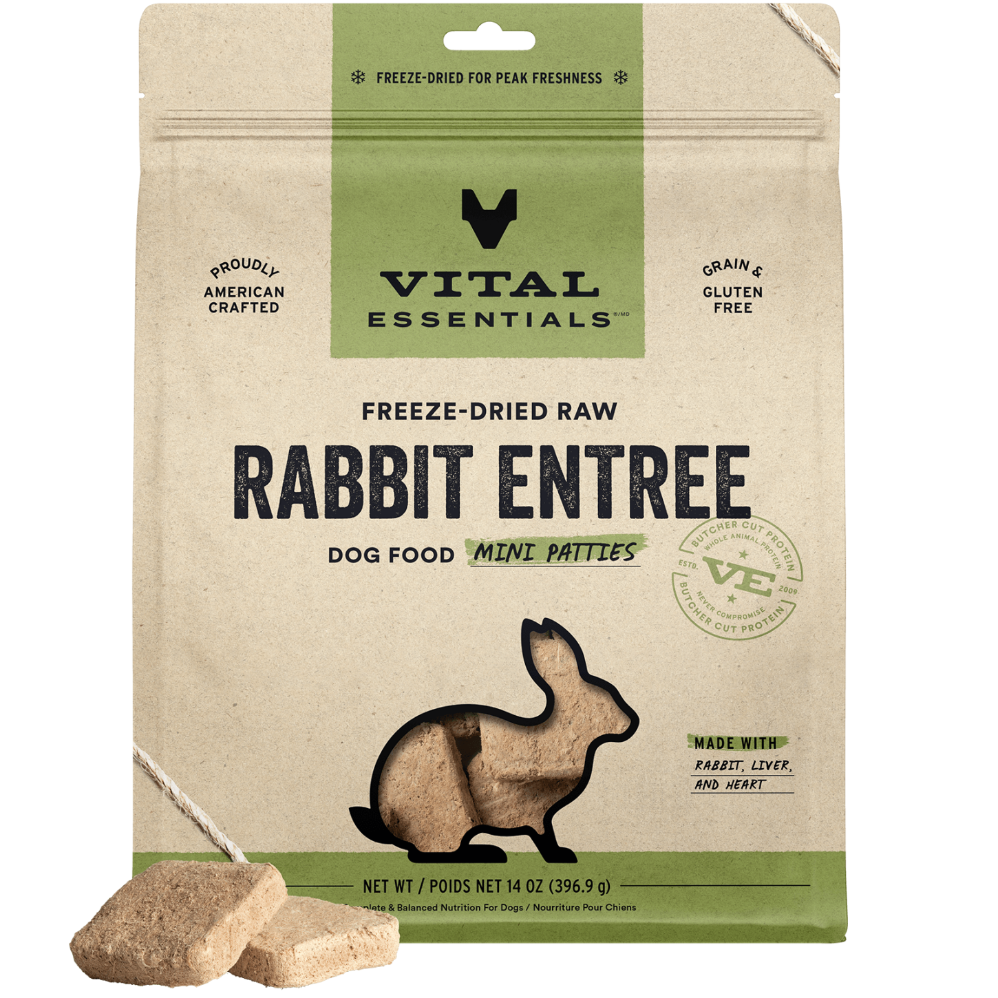 package front vital essentials®_freeze-dried raw_rabbit_entree_mini patties_dog food