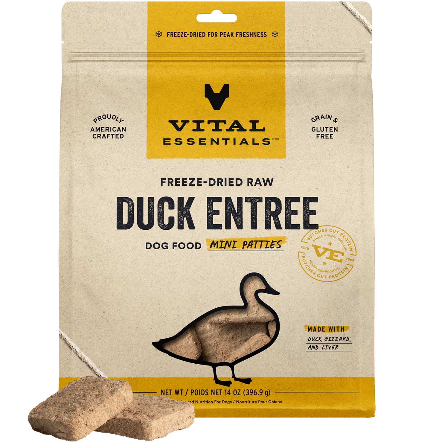 package front vital essentials®_freeze-dried raw_duck_entree_mini patties_dog food