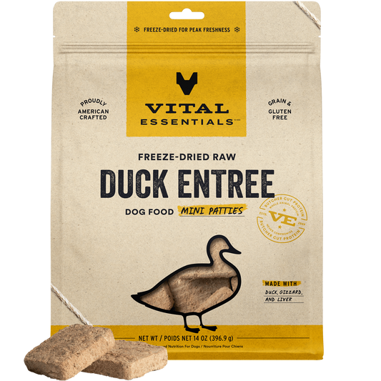package front vital essentials®_freeze-dried raw_duck_entree_mini patties_dog food